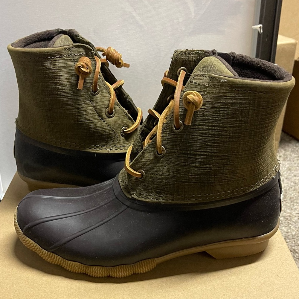 Women's Saltwater Duck Boot in Brown and Olive by Sperry